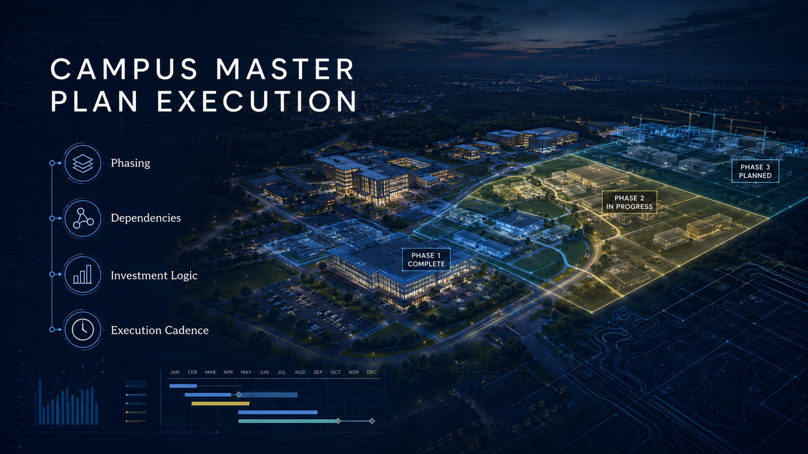 CiQ campus master plan execution visual showing phased campus development, infrastructure dependencies, capital priorities, and execution cadence