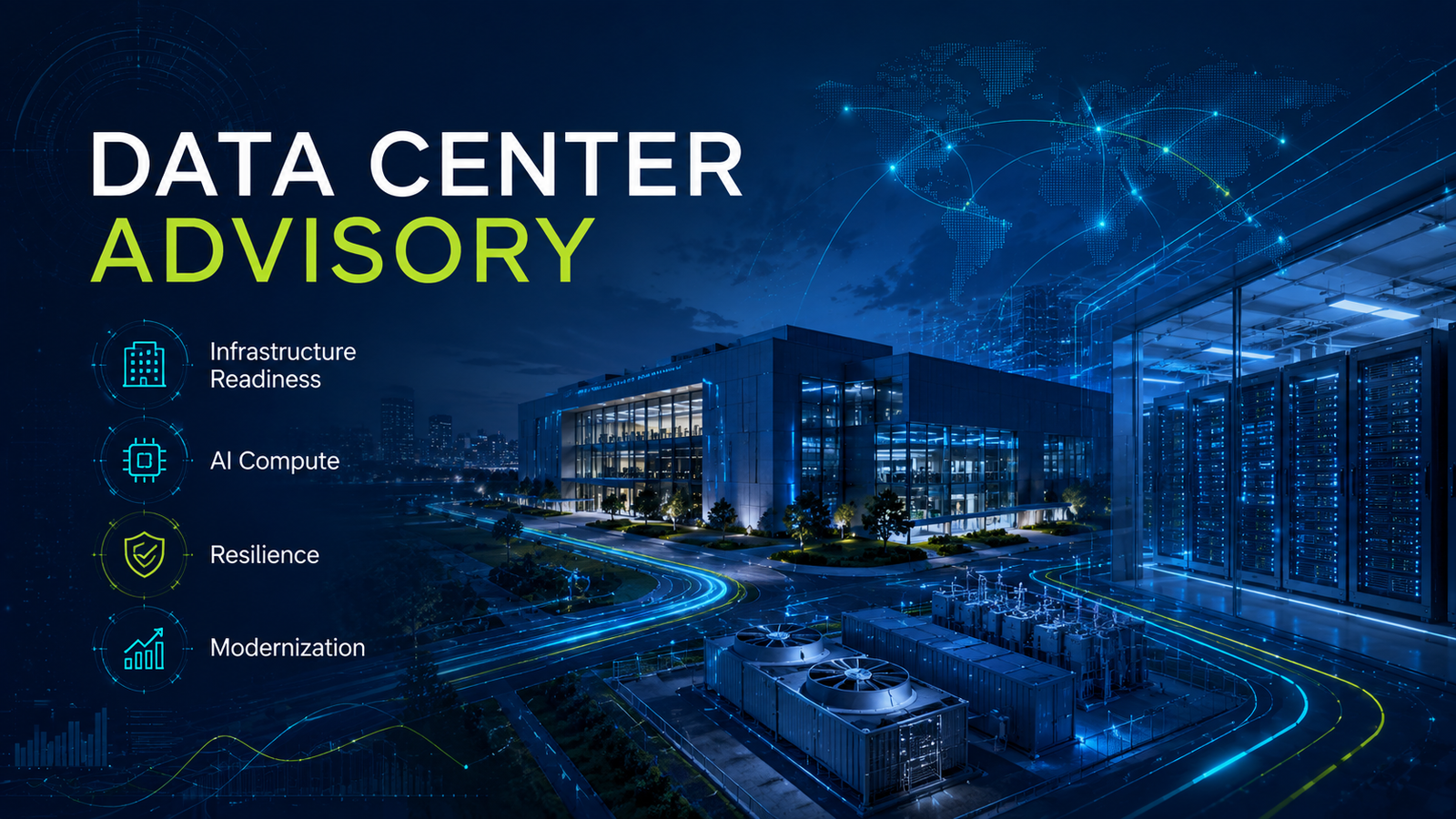 CiQ data center advisory visual showing campus data infrastructure, AI compute readiness, resilience, network, and governance