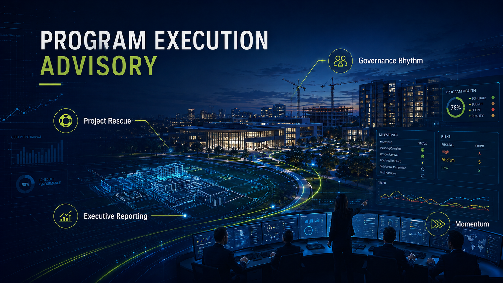 CiQ program execution advisory visual showing project rescue, executive reporting, governance cadence, risks, and milestones