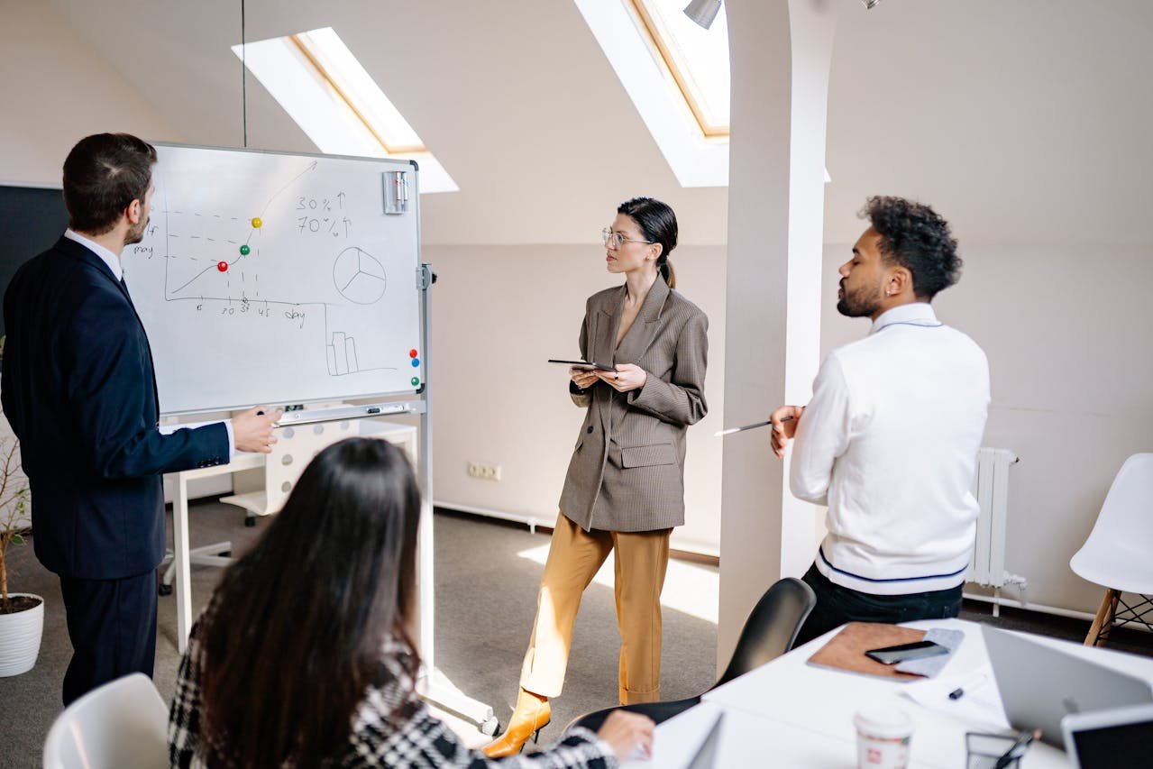 project managment team in front of a whiteboard