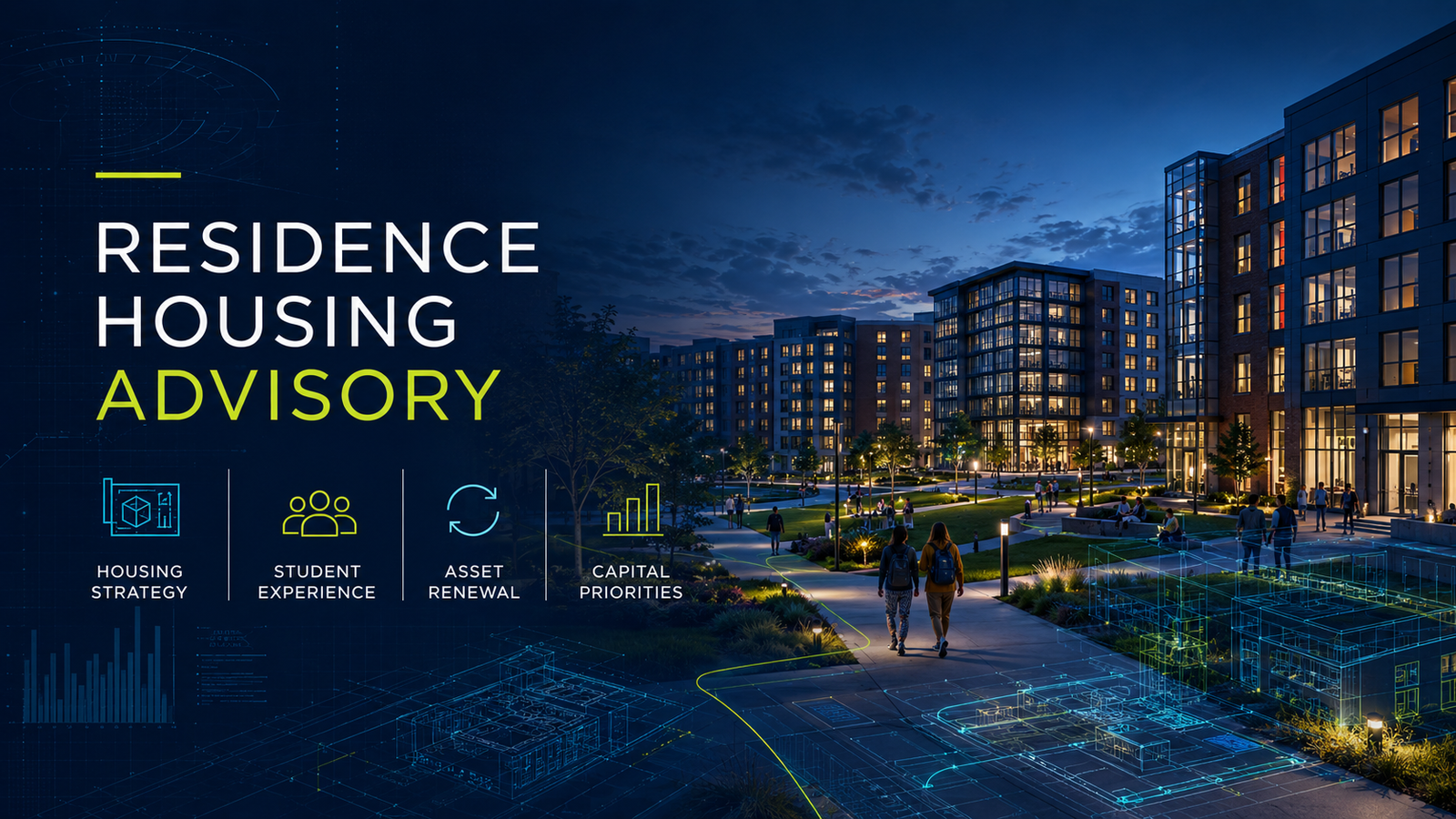 CiQ residence housing advisory visual showing campus housing, student experience, asset condition, modernization, and capital planning